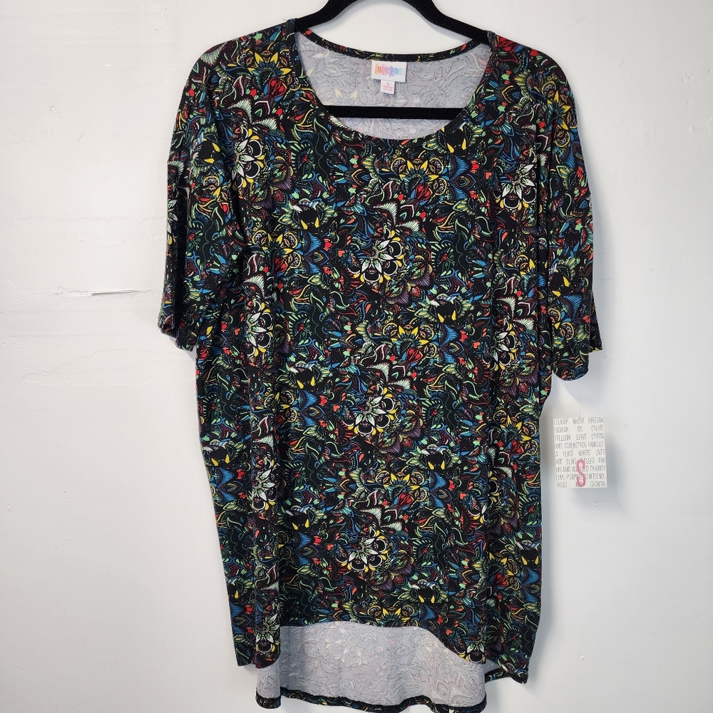 LuLaRoe Irma Small NWT Black colorful high low blouse